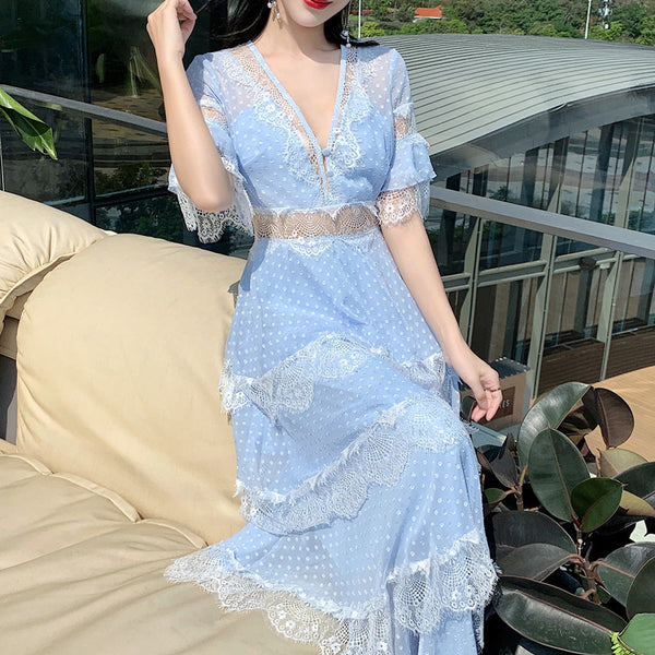 Summer Fairy Women Beach Seaside Vacation Ruffle Lace Patchwork Deep V Neck Short Sleeve Long Cake Dress