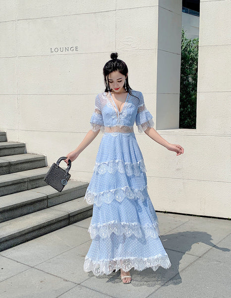 Summer Fairy Women Beach Seaside Vacation Ruffle Lace Patchwork Deep V Neck Short Sleeve Long Cake Dress