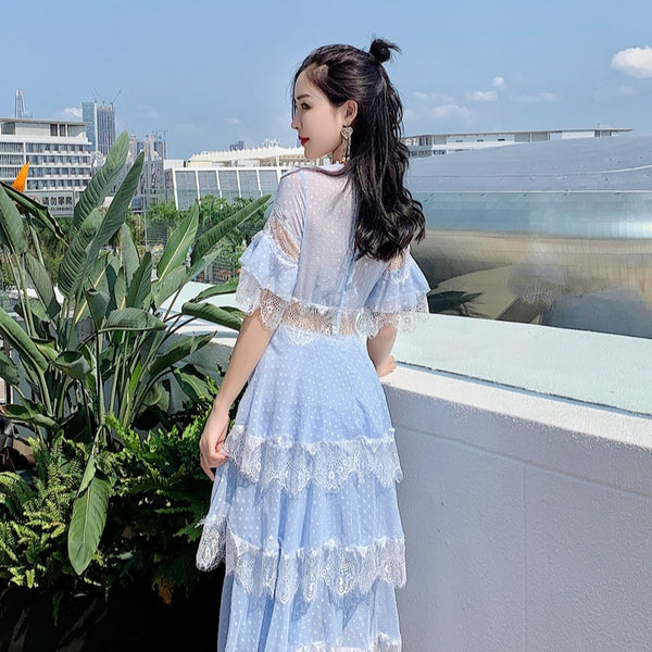 Summer Fairy Women Beach Seaside Vacation Ruffle Lace Patchwork Deep V Neck Short Sleeve Long Cake Dress