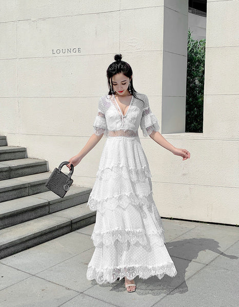 Summer Fairy Women Beach Seaside Vacation Ruffle Lace Patchwork Deep V Neck Short Sleeve Long Cake Dress