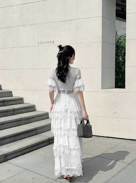 Summer Fairy Women Beach Seaside Vacation Ruffle Lace Patchwork Deep V Neck Short Sleeve Long Cake Dress