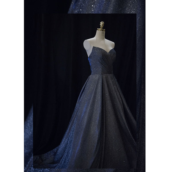 Elegant Women Royal Blue Blink Solid Color Strapless Evening Princess Sweetheart High Waist A Line Prom Dress