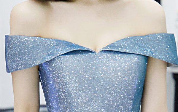 Elegant Women Charming Sky Blue Color Off Shoulder Strapless Birthday Party High Waist Evening Flare Prom Dress