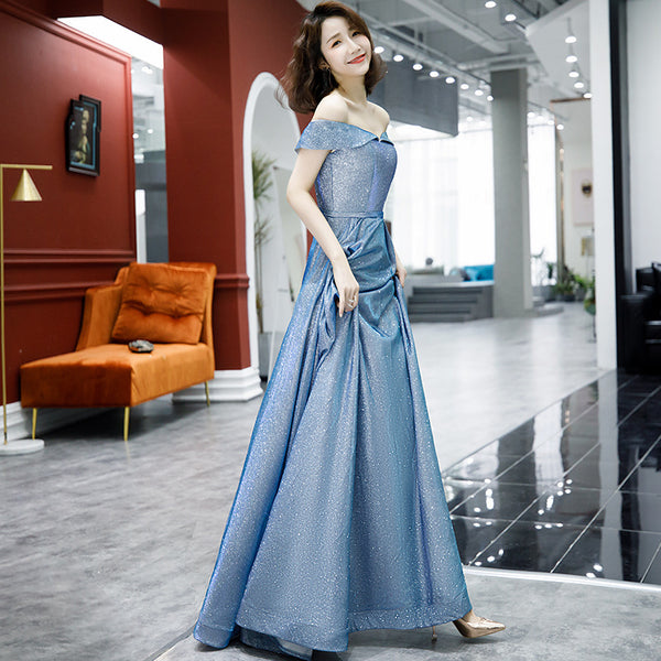 Elegant Women Charming Sky Blue Color Off Shoulder Strapless Birthday Party High Waist Evening Flare Prom Dress