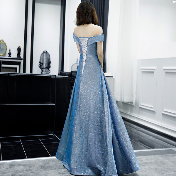 Elegant Women Charming Sky Blue Color Off Shoulder Strapless Birthday Party High Waist Evening Flare Prom Dress