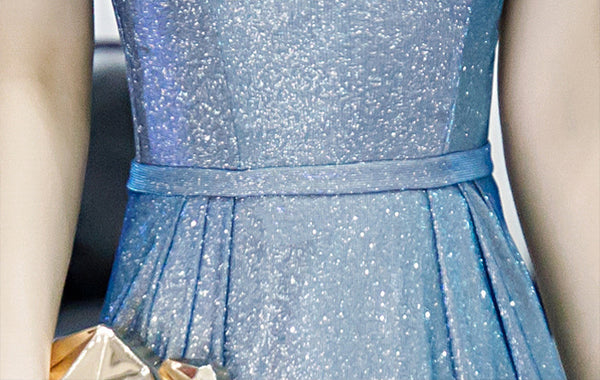 Elegant Women Charming Sky Blue Color Off Shoulder Strapless Birthday Party High Waist Evening Flare Prom Dress