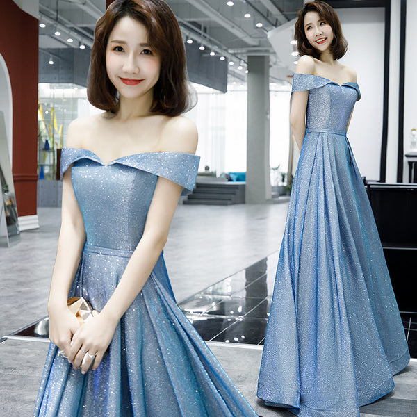 Elegant Women Charming Sky Blue Color Off Shoulder Strapless Birthday Party High Waist Evening Flare Prom Dress