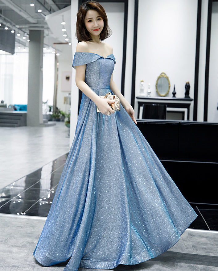 Elegant Women Charming Sky Blue Color Off Shoulder Strapless Birthday Party High Waist Evening Flare Prom Dress