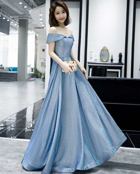 Elegant Women Charming Sky Blue Color Off Shoulder Strapless Birthday Party High Waist Evening Flare Prom Dress