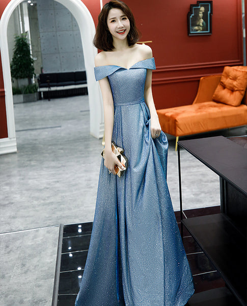 Elegant Women Charming Sky Blue Color Off Shoulder Strapless Birthday Party High Waist Evening Flare Prom Dress