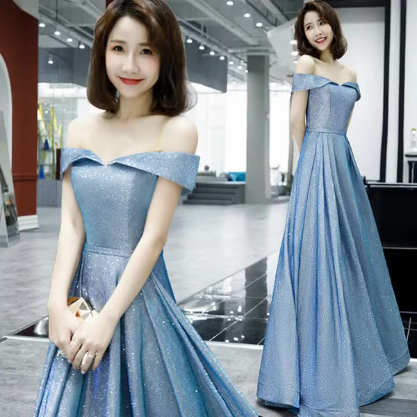 Elegant Women Charming Sky Blue Color Off Shoulder Strapless Birthday Party High Waist Evening Flare Prom Dress