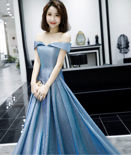 Elegant Women Charming Sky Blue Color Off Shoulder Strapless Birthday Party High Waist Evening Flare Prom Dress