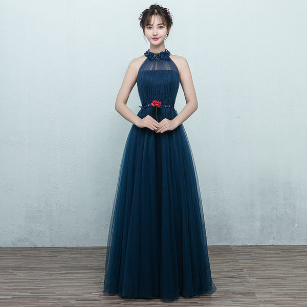 Perfect Look Classic Sexy Women Banquet Evening Halter Neck Embroidered Floral Sleeveless High Waist Long Dress