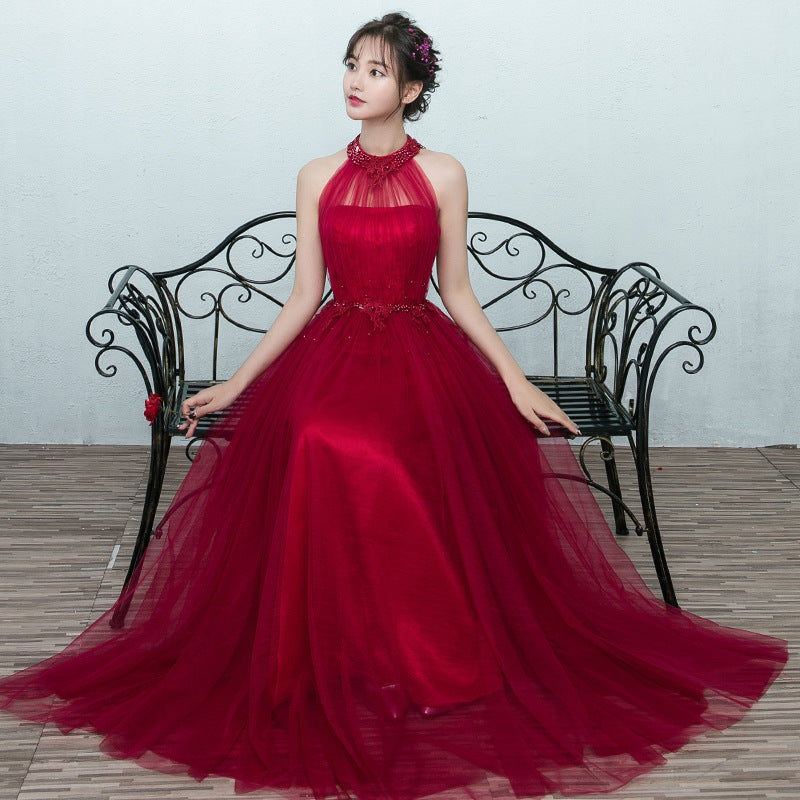 Perfect Look Classic Sexy Women Banquet Evening Halter Neck Embroidered Floral Sleeveless High Waist Long Dress