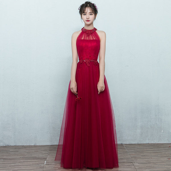 Perfect Look Classic Sexy Women Banquet Evening Halter Neck Embroidered Floral Sleeveless High Waist Long Dress