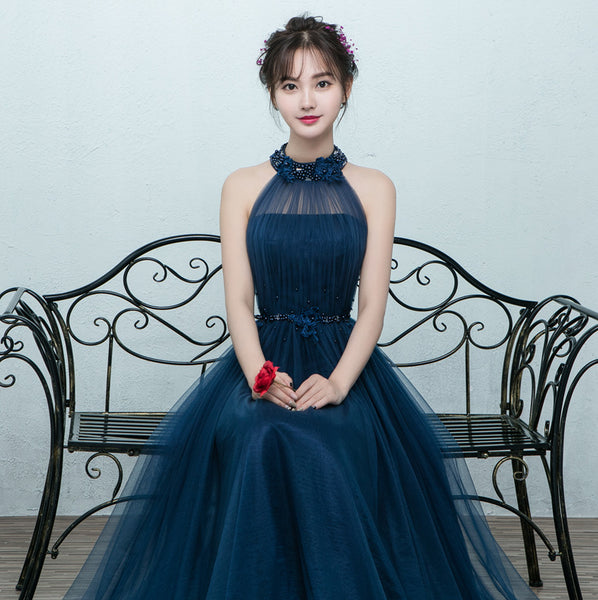 Perfect Look Classic Sexy Women Banquet Evening Halter Neck Embroidered Floral Sleeveless High Waist Long Dress