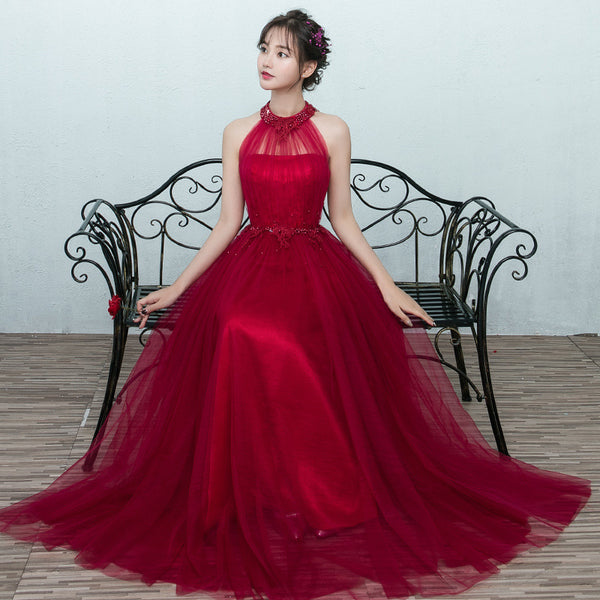 Perfect Look Classic Sexy Women Banquet Evening Halter Neck Embroidered Floral Sleeveless High Waist Long Dress