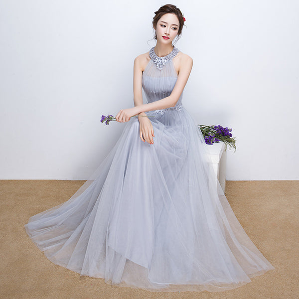 Perfect Look Classic Sexy Women Banquet Evening Halter Neck Embroidered Floral Sleeveless High Waist Long Dress