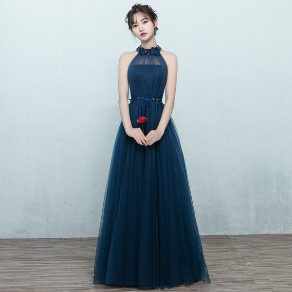 Perfect Look Classic Sexy Women Banquet Evening Halter Neck Embroidered Floral Sleeveless High Waist Long Dress