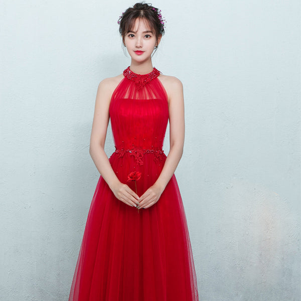 Perfect Look Classic Sexy Women Banquet Evening Halter Neck Embroidered Floral Sleeveless High Waist Long Dress