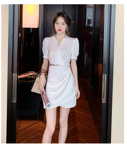 Summer Women Working Office Ladies OL V-neck Solid Color Shirtdress Puff Short Sleeves Belt Design Dress