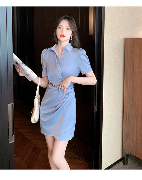Summer Women Working Office Ladies OL V-neck Solid Color Shirtdress Puff Short Sleeves Belt Design Dress