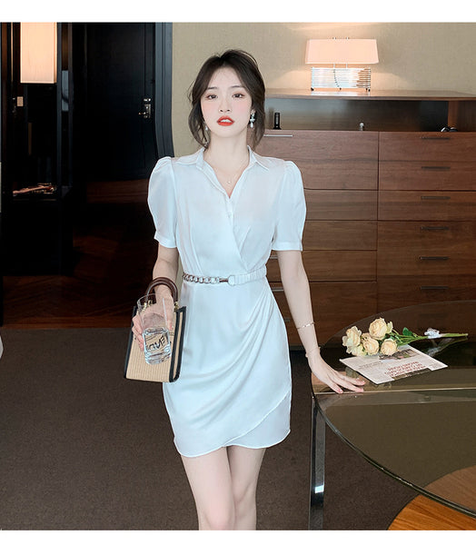 Summer Women Working Office Ladies OL V-neck Solid Color Shirtdress Puff Short Sleeves Belt Design Dress