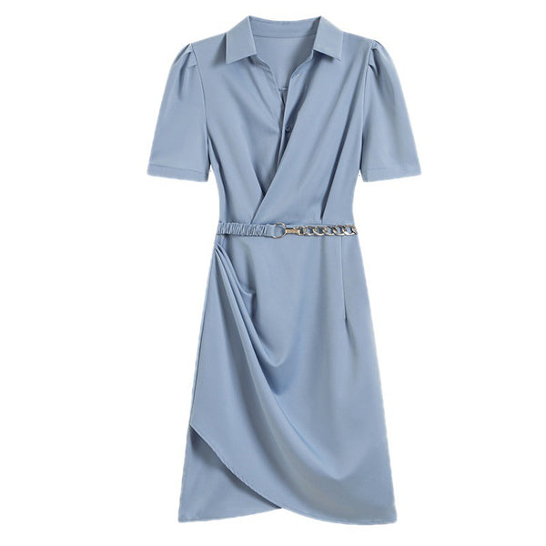 Summer Women Working Office Ladies OL V-neck Solid Color Shirtdress Puff Short Sleeves Belt Design Dress