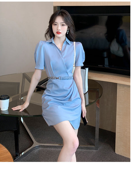 Summer Women Working Office Ladies OL V-neck Solid Color Shirtdress Puff Short Sleeves Belt Design Dress