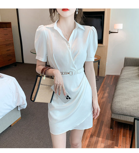 Summer Women Working Office Ladies OL V-neck Solid Color Shirtdress Puff Short Sleeves Belt Design Dress