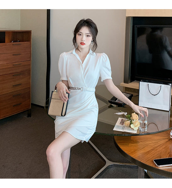 Summer Women Working Office Ladies OL V-neck Solid Color Shirtdress Puff Short Sleeves Belt Design Dress
