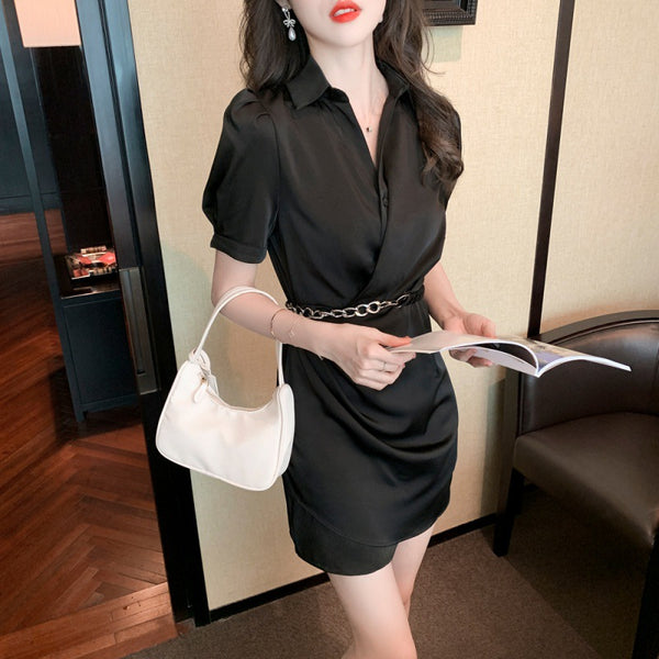 Summer Women Working Office Ladies OL V-neck Solid Color Shirtdress Puff Short Sleeves Belt Design Dress