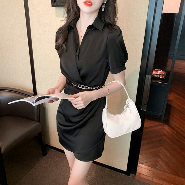Summer Women Working Office Ladies OL V-neck Solid Color Shirtdress Puff Short Sleeves Belt Design Dress