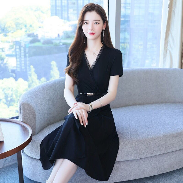 Minimalist Design Office Lady Working OL Short Sleeved Cross V-Neck Ruffle Black Waist Chiffon A-line Knee Length Dress