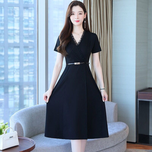 Minimalist Design Office Lady Working OL Short Sleeved Cross V-Neck Ruffle Black Waist Chiffon A-line Knee Length Dress