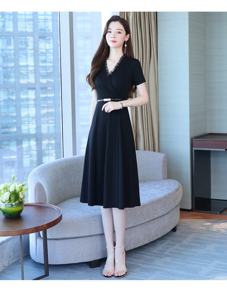 Minimalist Design Office Lady Working OL Short Sleeved Cross V-Neck Ruffle Black Waist Chiffon A-line Knee Length Dress