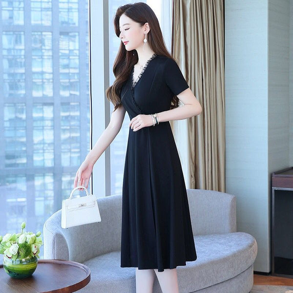 Minimalist Design Office Lady Working OL Short Sleeved Cross V-Neck Ruffle Black Waist Chiffon A-line Knee Length Dress