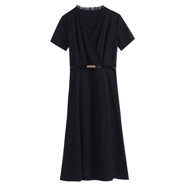Minimalist Design Office Lady Working OL Short Sleeved Cross V-Neck Ruffle Black Waist Chiffon A-line Knee Length Dress