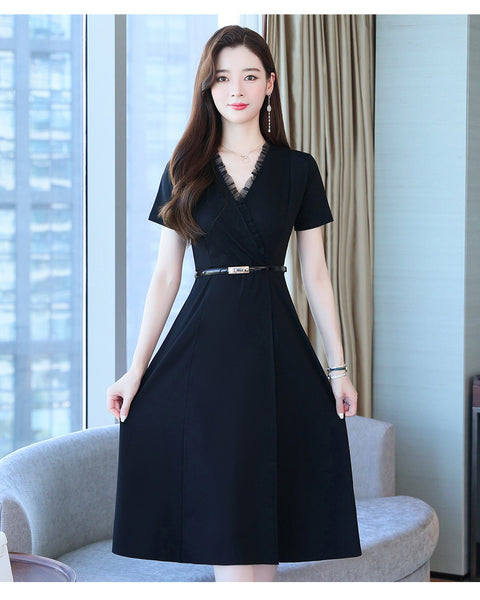 Minimalist Design Office Lady Working OL Short Sleeved Cross V-Neck Ruffle Black Waist Chiffon A-line Knee Length Dress