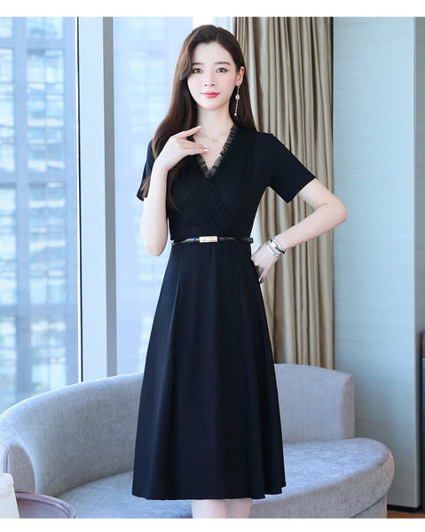 Minimalist Design Office Lady Working OL Short Sleeved Cross V-Neck Ruffle Black Waist Chiffon A-line Knee Length Dress