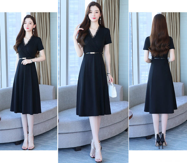 Minimalist Design Office Lady Working OL Short Sleeved Cross V-Neck Ruffle Black Waist Chiffon A-line Knee Length Dress
