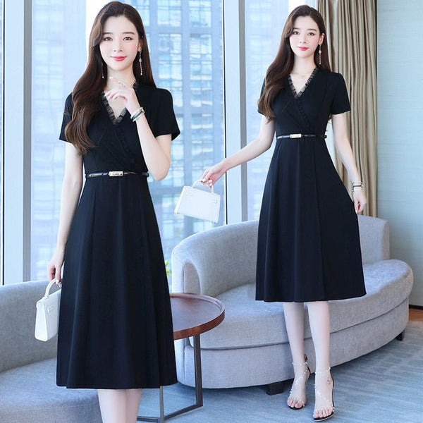 Minimalist Design Office Lady Working OL Short Sleeved Cross V-Neck Ruffle Black Waist Chiffon A-line Knee Length Dress