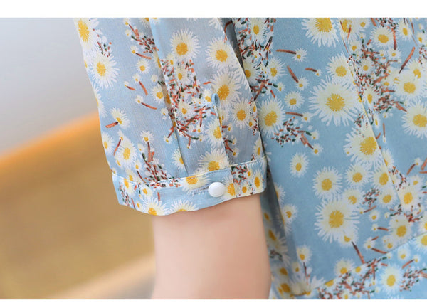 Summer Temperament Women Tea Time High Waist Polo Stand Collar Neck Bow Floral Sun Dress