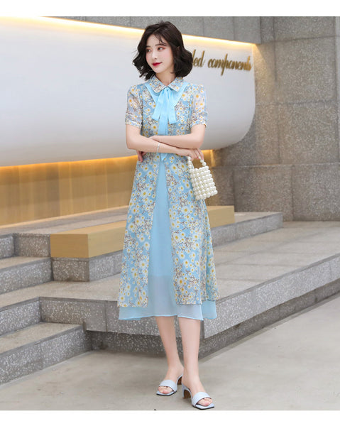 Summer Temperament Women Tea Time High Waist Polo Stand Collar Neck Bow Floral Sun Dress