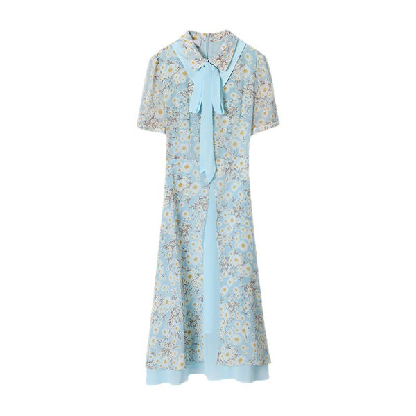 Summer Temperament Women Tea Time High Waist Polo Stand Collar Neck Bow Floral Sun Dress