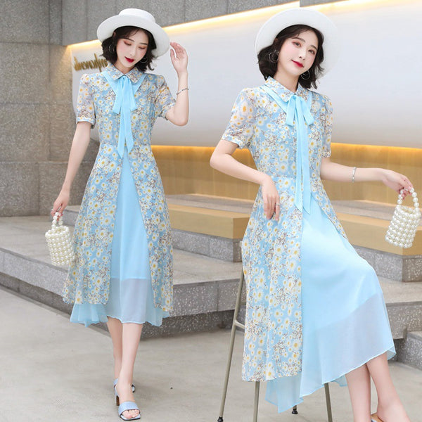 Summer Temperament Women Tea Time High Waist Polo Stand Collar Neck Bow Floral Sun Dress