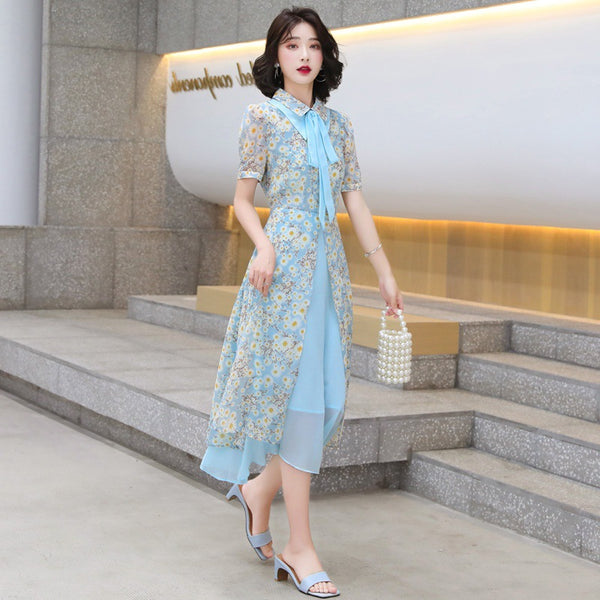 Summer Temperament Women Tea Time High Waist Polo Stand Collar Neck Bow Floral Sun Dress
