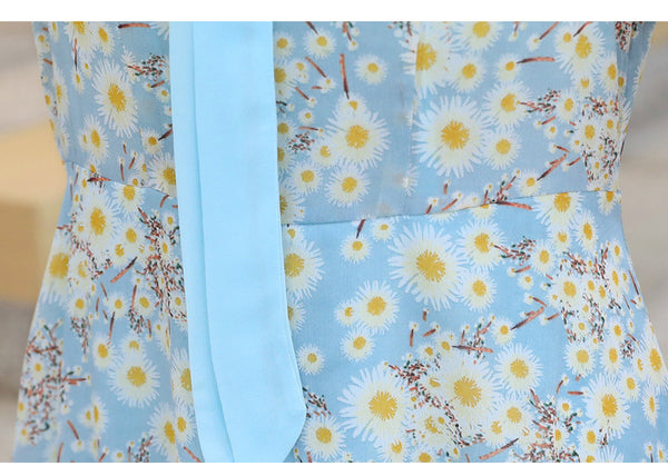 Summer Temperament Women Tea Time High Waist Polo Stand Collar Neck Bow Floral Sun Dress