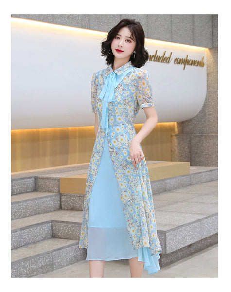 Summer Temperament Women Tea Time High Waist Polo Stand Collar Neck Bow Floral Sun Dress