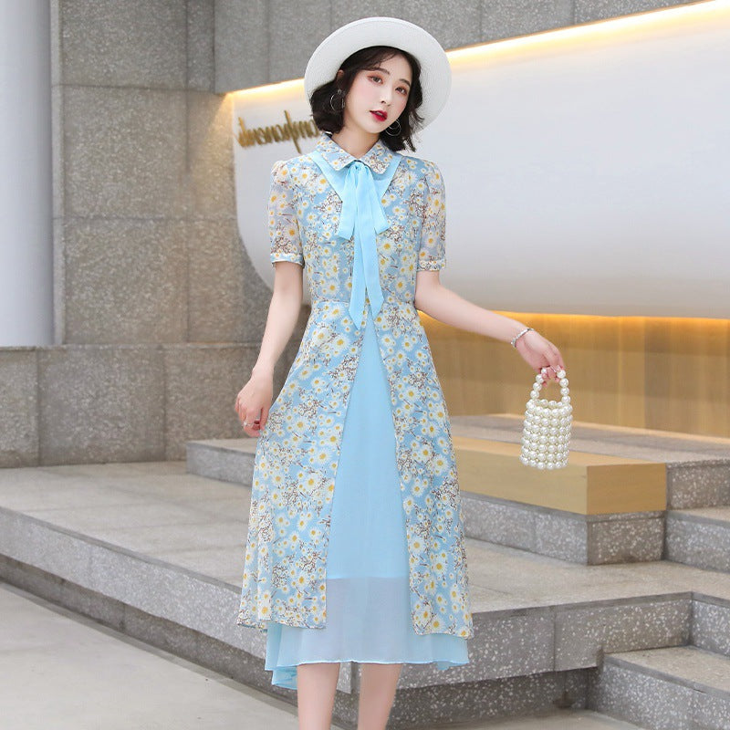 Summer Temperament Women Tea Time High Waist Polo Stand Collar Neck Bow Floral Sun Dress